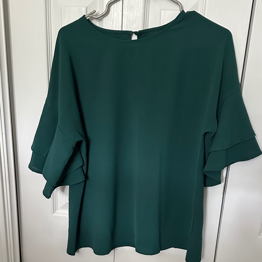 Lulu's Deep Green Ruffle Sleeve Blouse